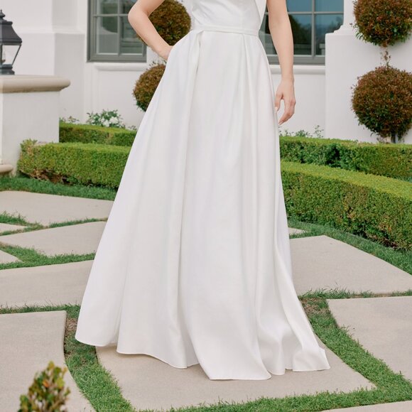New A-Line Maxi Bridal Satin Dress w/ Asymmetrcial Neck & Side Pockets NX E469 - Picture 6 of 9